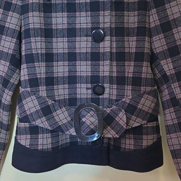 Soia & Kyo Wool Blend black Tan Plaid Belted Jacket Rachel Friends - Picture 7 of 16